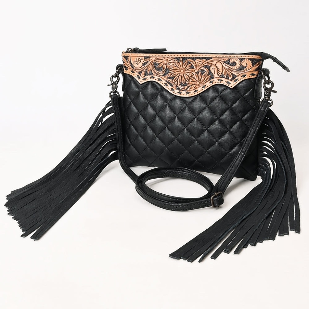 American Darling Black Quilted Leather Fringe Crossbody with Tooled Floral Top